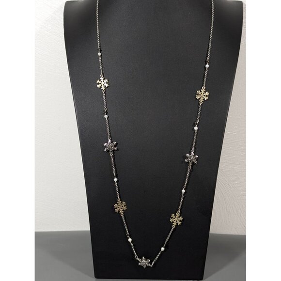 Gray Rhinestone Two Tone Snowflake Station Chain Necklace Pearl Christmas Holida - Picture 2 of 8